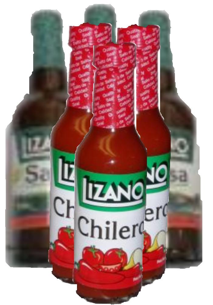 Three 280 mL Lizano bottles and Three Chileros
