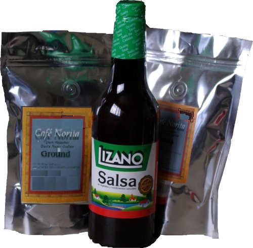 Two bags of coffee and a bottle of lizano 700 mL